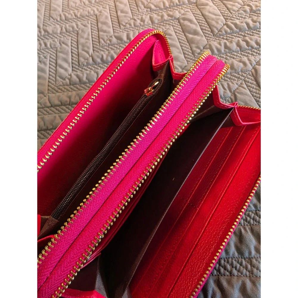 Generic Plum Red Snakeskin Pattern Double Zip Patent Faux Leather Wristlet